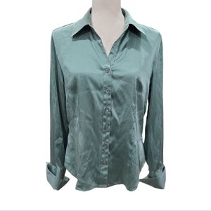 Valerie Stevens 95% silk women's green long sleeve V-neck button down shirt M